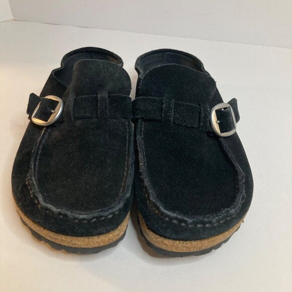 Birkenstock Suede Buckley Buckled Mules Clogs Black EU38 7- 7 1/2 Narrow - Picture 1 of 9
